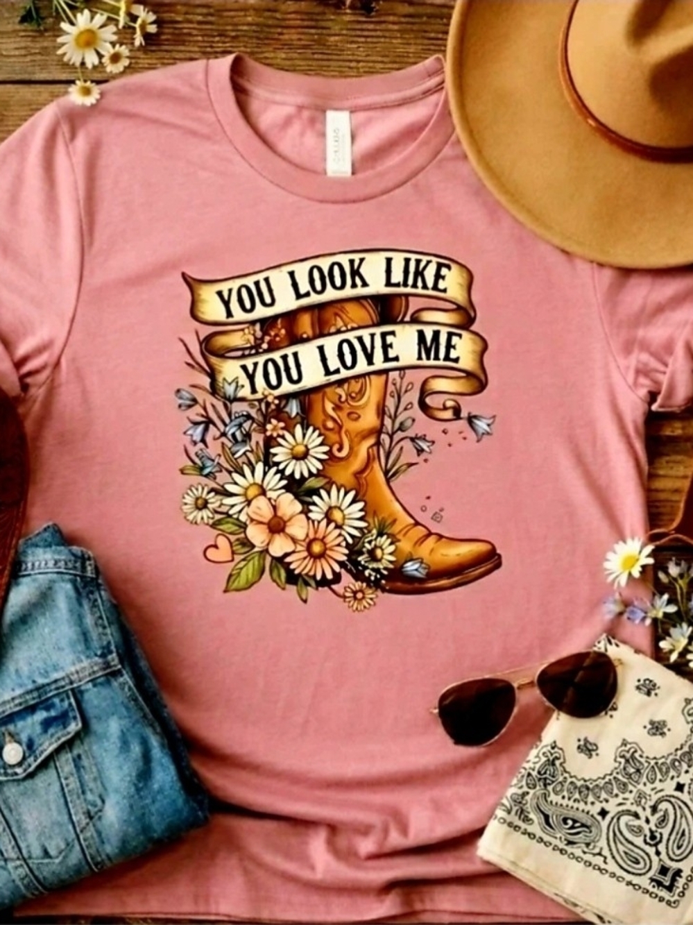 Cowboy Boot Wildflower Tee • “You Look Like You Love Me” Western Graphic Shirt